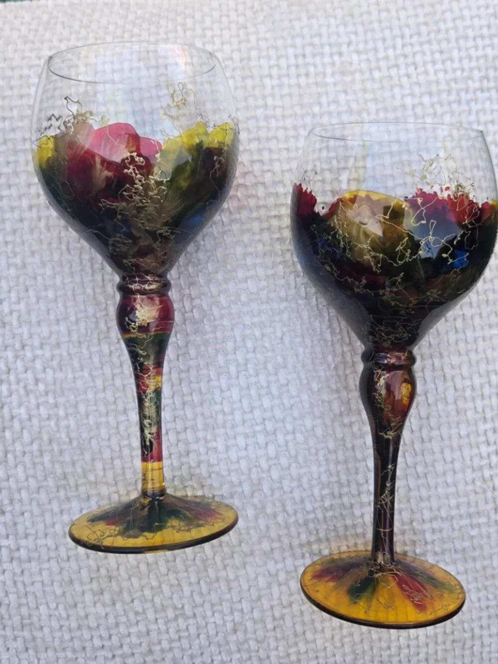 MONACO MONARCH Pair of Abstract Colorful Crystal Balloon Wine Stem Goblets